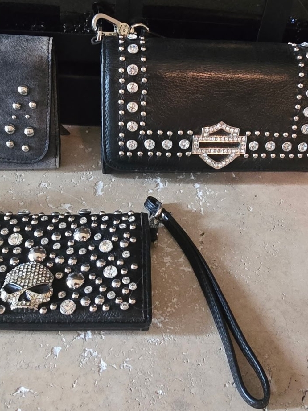 Harley-Davidson Black Studded Wristlet Wallet with Crystal Skull and Logo